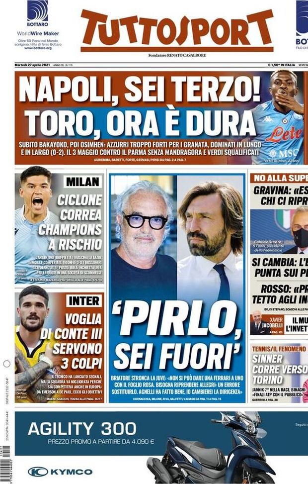 Tuttosport, la prima pagina di oggi, martedì 27 aprile 2021 Tuttosport, la prima pagina di oggi, martedì 27 aprile 2021
