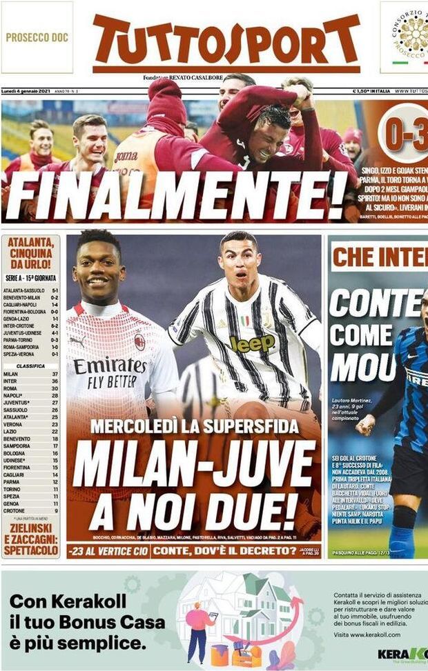  Tuttosport, la prima pagina di oggi, lunedì 4 gennaio 2021 