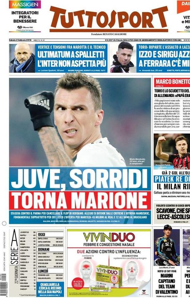 Prima Pagina, Tuttosport: “Juve sorridi: torna Marione. Ultimatum a Spalletti. Piatek, re di Roma. Scavone…” Prima Pagina, Tuttosport: “Juve sorridi: torna Marione. Ultimatum a Spalletti. Piatek, re di Roma. Scavone…”