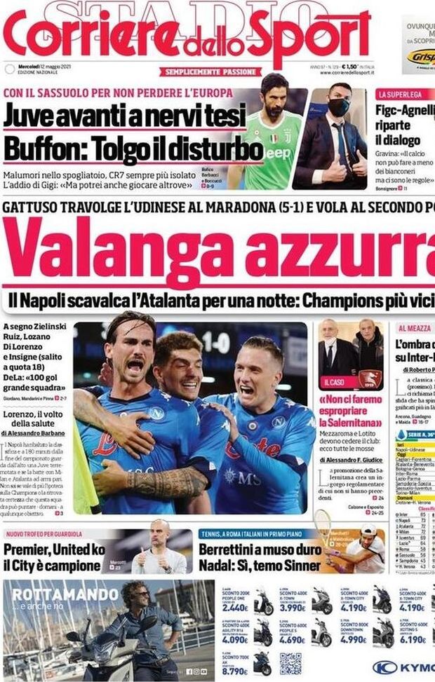 Prima Pagina, Corriere dello Sport: &#8220;Juve, avanti a nervi tesi. Valanga azzurra. L&#8217;ombra di Mou su Inter-Roma&#8221; 