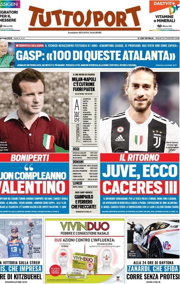 Prima Pagina, Tuttosport: “Juve, ecco Caceres III. Buon compleanno Valentino. Milan-Napoli, fuori Piatek…” Prima Pagina, Tuttosport: “Juve, ecco Caceres III. Buon compleanno Valentino. Milan-Napoli, fuori Piatek…”