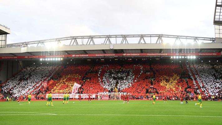 LIVERPOOL, ENGLAND - AUGUST 09: A general view inside the stadium as a TIFO display is shown in the Kop during the Premier League match between Liverpool FC and Norwich City at Anfield on August 09, 2019 in Liverpool, United Kingdom. (Photo by Michael Regan/Getty Images) 