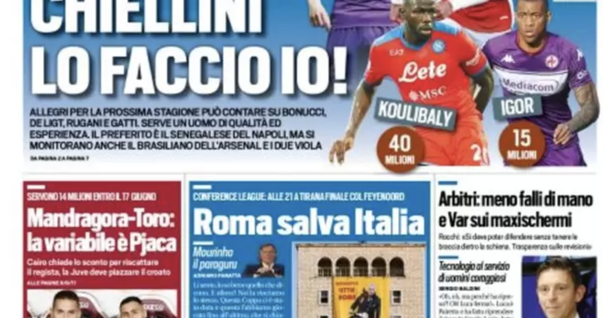 Prima Pagina, Tuttosport: “Juve, Chiellini lo faccio io. Roma salva Italia”