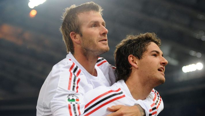 ROME, ITALY - JANUARY 11:  Pato of Milan celebrates scoring with team mate David Beckham during the Serie A match between Roma and Milan at the Olimpico Stadio on January 11, 2009 in Rome Italy. (Photo by New Press/Getty Images) 