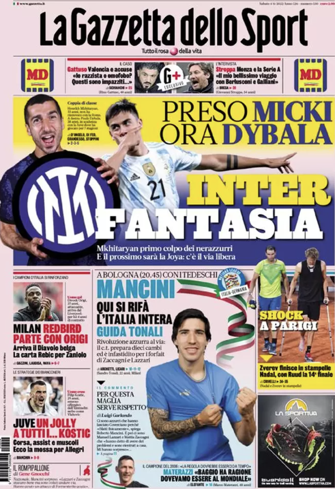 Prima Pagina, Gazzetta dello Sport: “Inter fantasia ora Dybala. Qui si rifà l’Italia” prima pagina