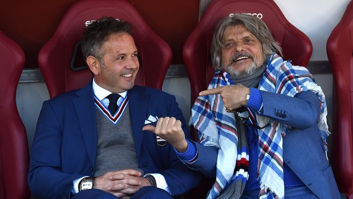 TURIN, ITALY - FEBRUARY 01:  UC Sampdoria head coach Sinisa Mihajlovic (L) and President Massimo Ferrero sit on the bench prior to the Serie A match between Torino FC and UC Sampdoria at Stadio Olimpico di Torino on February 1, 2015 in Turin, Italy.  (Photo by Valerio Pennicino/Getty Images)