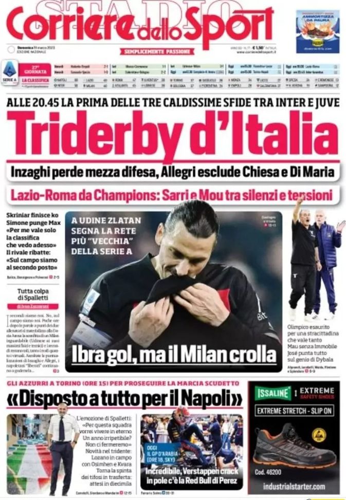 Prima pagina Corriere dello Sport 19/03/2023