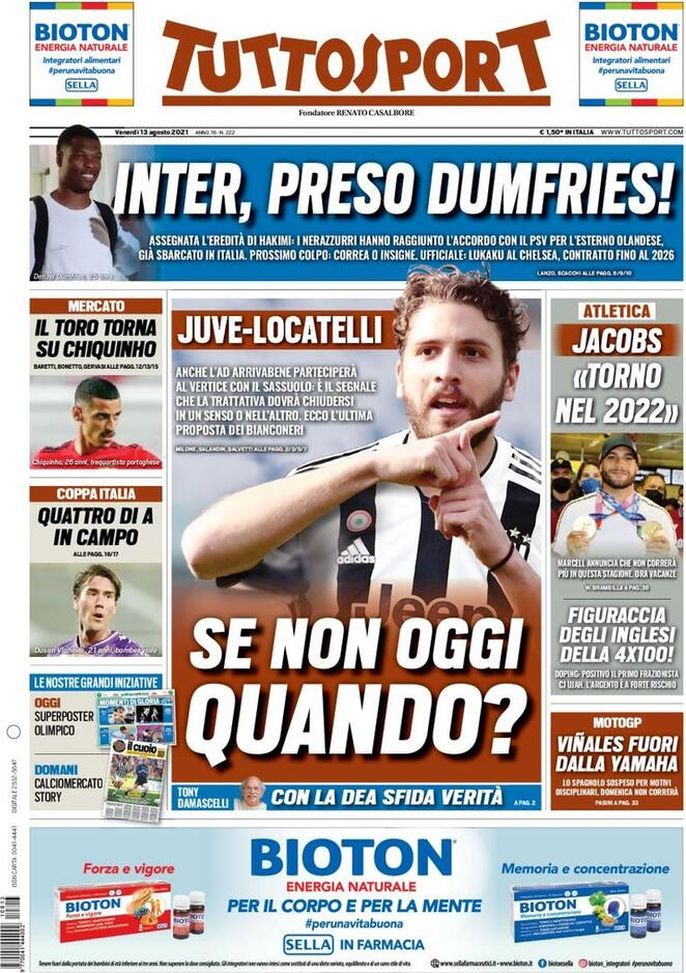 Prima Pagina, Tuttosport: &#8220;Juve-Locatelli, se non oggi quando? Inter, Dumfries&#8221; 