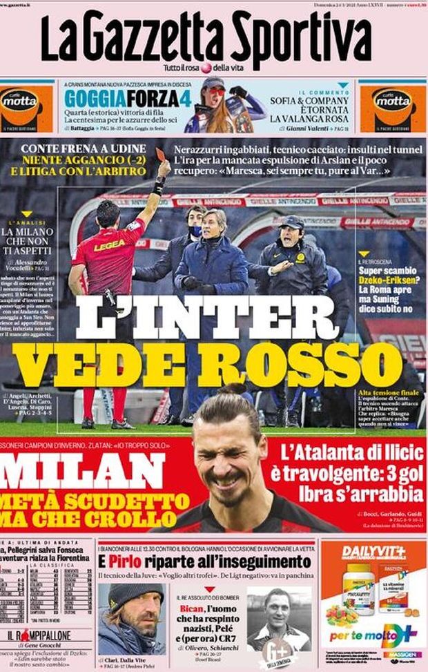 La Gazzetta dello Sport, la prima pagina di oggi, domenica 24 gennaio 2021 