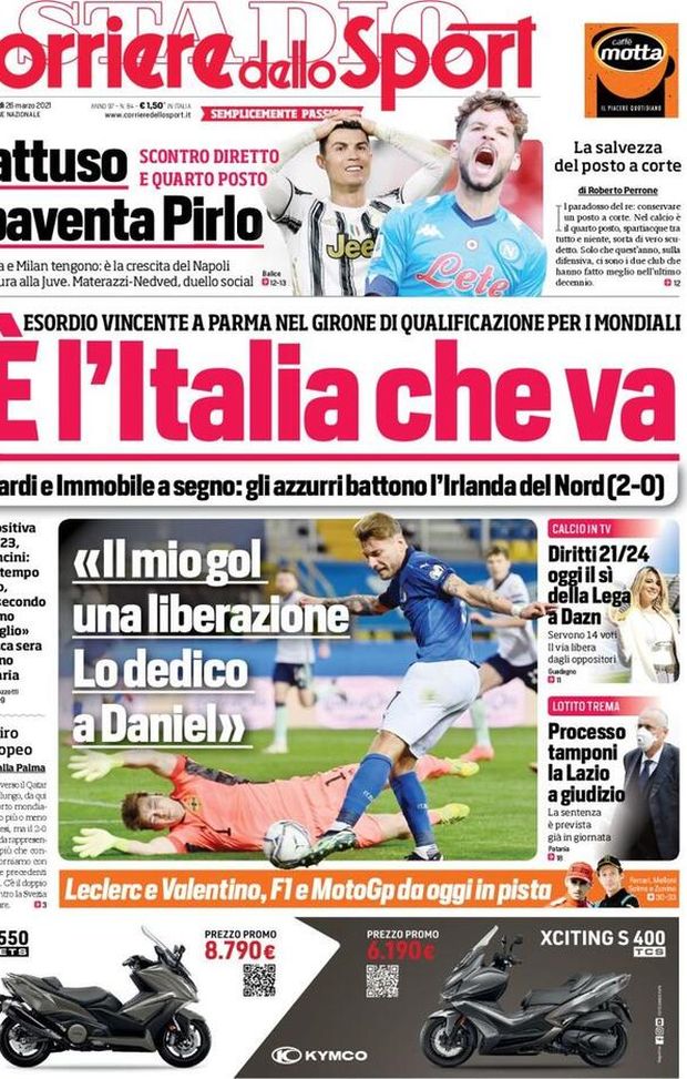 Prima Pagina, Corriere dello Sport: “È l’Italia che va, Immobile dedica il gol a Daniel. Gattuso spaventa Pirlo” Prima Pagina, Corriere dello Sport: “È l’Italia che va, Immobile dedica il gol a Daniel. Gattuso spaventa Pirlo”