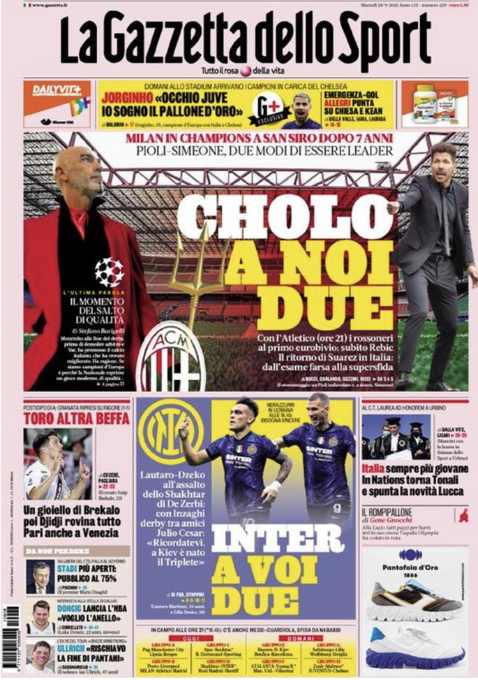 Prima Pagina, Gazzetta dello Sport: “Cholo, a noi due. Stadi più aperti, ecco il 75%” 