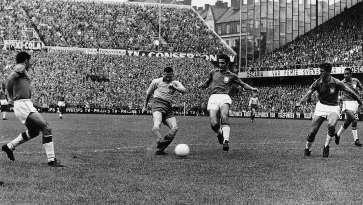 29 Jun 1958: Nisse Liedholm of Sweden tries to get a shot on target during the FIFA World Cup Final against Brazil played in Stockholm, Sweden. Brazil won the match and trophy 5-2. Mandatory Credit: Allsport/Hulton 29 Jun 1958: Nisse Liedholm of Sweden tries to get a shot on target during the FIFA World Cup Final against Brazil played in Stockholm, Sweden. Brazil won the match and trophy 5-2. Mandatory Credit: Allsport/Hulton
