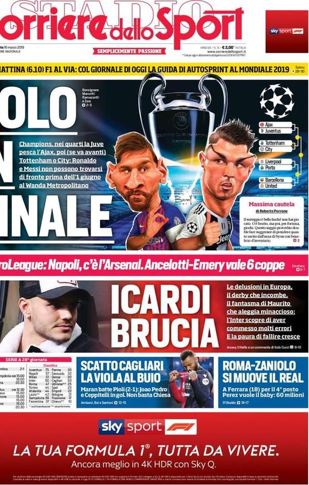 Prima Pagina, Corriere dello Sport: “Solo in finale. Icardi brucia. Zaniolo, si muove il Real…” Prima Pagina, Corriere dello Sport: “Solo in finale. Icardi brucia. Zaniolo, si muove il Real…”