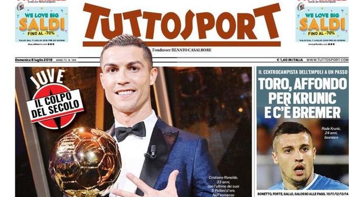 Prima Pagina, Tuttosport: “Benvenuto Ronaldo. Milan, Elliott e Li allo scontro finale. Florenzi-Roma è dura, l’Inter…” Prima Pagina, Tuttosport: “Benvenuto Ronaldo. Milan, Elliott e Li allo scontro finale. Florenzi-Roma è dura, l’Inter…”