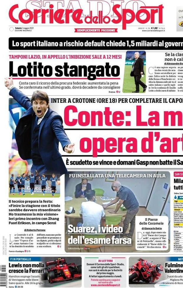 Prima Pagina, Corriere dello Sport: “Conte, la mia opera d’arte! Lotito stangato”  Prima Pagina, Corriere dello Sport: “Conte, la mia opera d’arte! Lotito stangato”