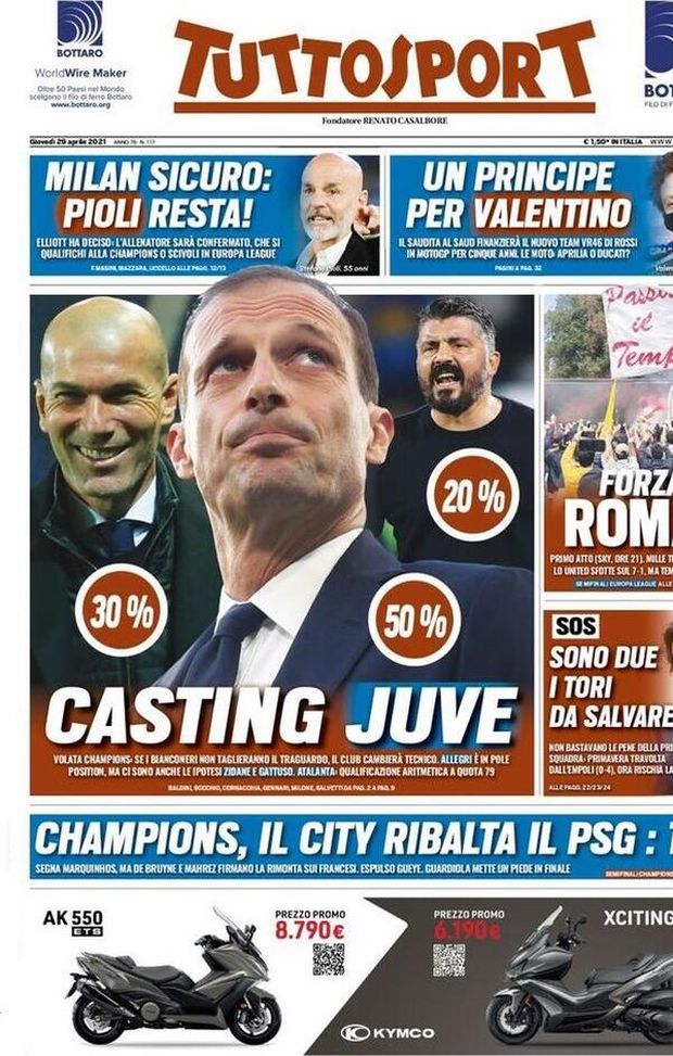 Prima Pagina, Tuttosport: &#8220;Milan sicuro, Pioli resta! Casting Juve. Forza Roma. Champions, il City ribalta il Psg&#8221; 
