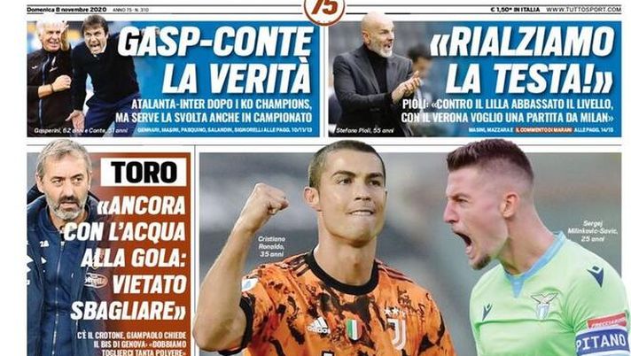 La prima pagina di 'Tuttosport', in edicola oggi 8 novembre 2020 