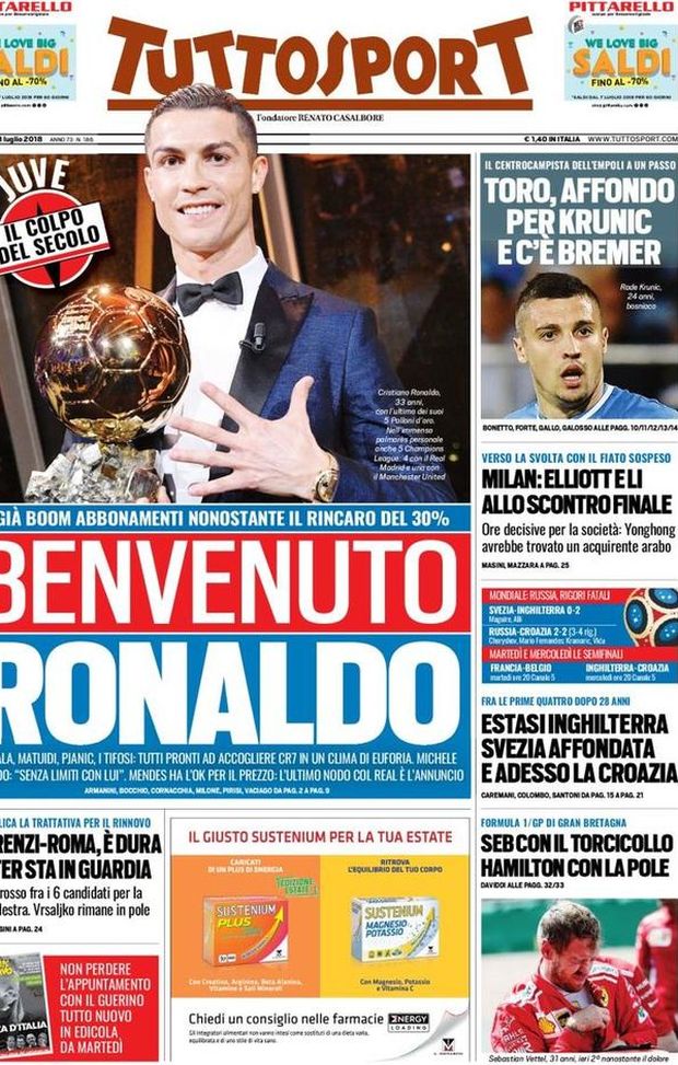 Prima Pagina, Tuttosport: “Benvenuto Ronaldo. Milan, Elliott e Li allo scontro finale. Florenzi-Roma è dura, l’Inter…” Prima Pagina, Tuttosport: “Benvenuto Ronaldo. Milan, Elliott e Li allo scontro finale. Florenzi-Roma è dura, l’Inter…”
