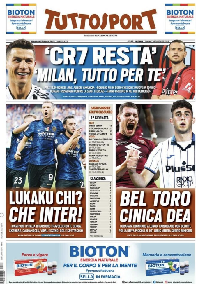 Prima Pagina, Tuttosport: “CR7 resta, Milan tutto per te. Lukaku chi? Che Inter”  Prima Pagina, Tuttosport: “CR7 resta, Milan tutto per te. Lukaku chi? Che Inter”