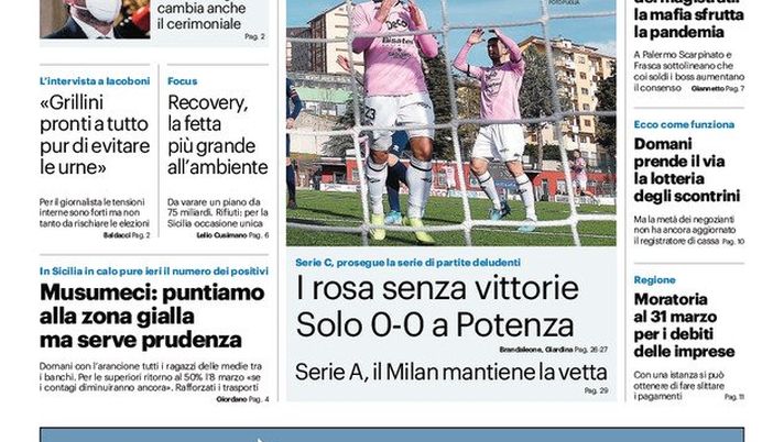 Prima Pagina, Giornale di Sicilia: “Pd e M5S blindano Conte. Palermo, rosa deludenti: solo 0-0 a Potenza” 
