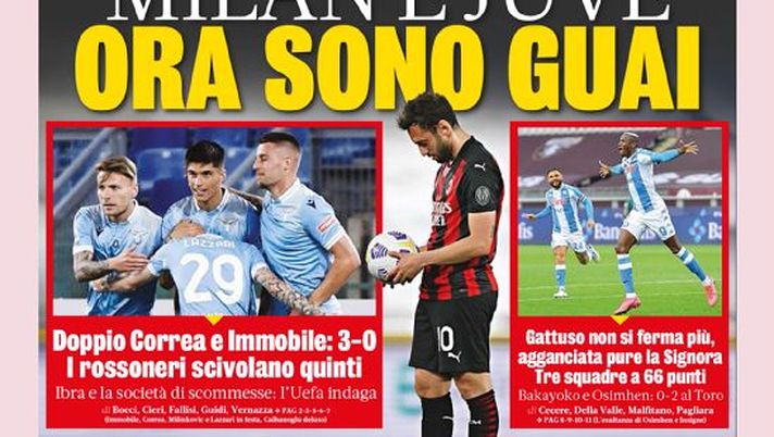 Prima Pagina, La Gazzetta dello Sport: “Milan e Juve, ora sono guai. Turbo Inter, lo scudetto va di corsa” 