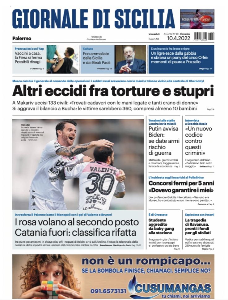 Prima Pagina, Giornale di Sicilia: “I rosa volano al secondo posto. Catania fuori” - immagine 1
