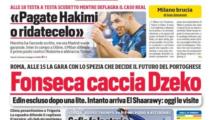 Prima Pagina, Corriere dello Sport: “Fonseca caccia Dzeko. Pagate Hakimi o ridatecelo” 