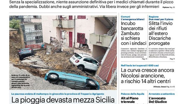 Prima Pagina, Giornale di Sicilia: “La pioggia devasta la Sicilia. Mancini al bivio” Prima Pagina