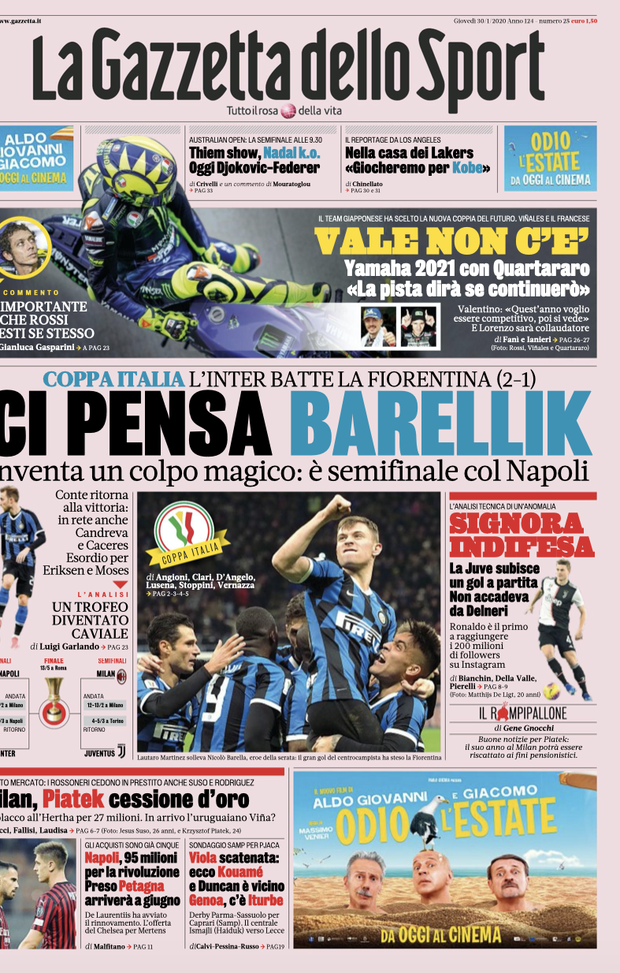 LE PRIME PAGINE DEI QUOTIDIANI SPORTIVI DEL 30.1