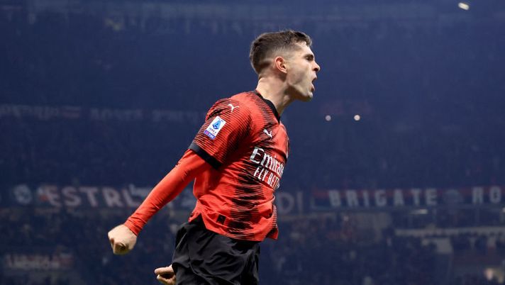 MILAN, ITALY - DECEMBER 30: Christian Pulisic of AC Milan celebrates after scoring the opening goal during the Serie A TIM match between AC Milan and US Sassuolo at Stadio Giuseppe Meazza on December 30, 2023 in Milan, Italy. (Photo by Giuseppe Cottini/AC Milan via Getty Images) Serie A, il Milan stende il Sassuolo di misura. Colpaccio Salernitana a Verona - immagine 1