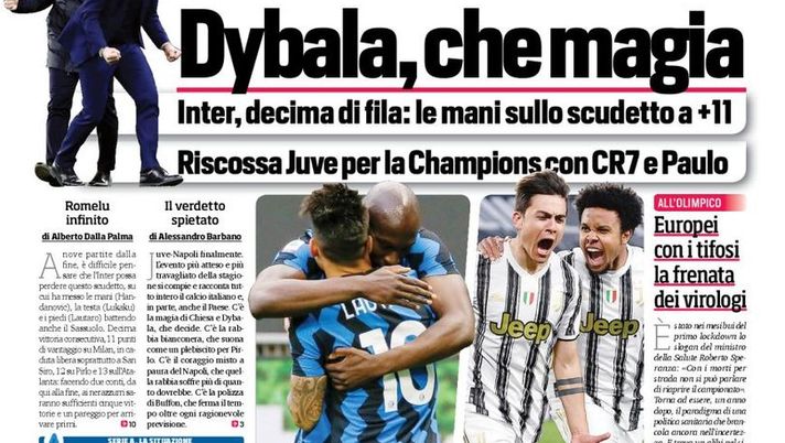 Prima Pagina, Corriere dello Sport: “Inter, le mani sullo scudetto. Lukaku senza freni. Dybala, che magia” 