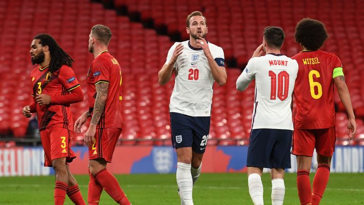 LONDON, ENGLAND - OCTOBER 11: Harry Kane of England reacts after a missed chance during the UEFA Nations League group stage match between England and Belgium at Wembley Stadium on October 11, 2020 in London, England. Football Stadiums around Europe remain empty due to the Coronavirus Pandemic as Government social distancing laws prohibit fans inside venues resulting in fixtures being played behind closed doors. (Photo by Neil Hall - Pool/Getty Images) LONDON, ENGLAND - OCTOBER 11: Harry Kane of England reacts after a missed chance during the UEFA Nations League group stage match between England and Belgium at Wembley Stadium on October 11, 2020 in London, England. Football Stadiums around Europe remain empty due to the Coronavirus Pandemic as Government social distancing laws prohibit fans inside venues resulting in fixtures being played behind closed doors. (Photo by Neil Hall - Pool/Getty Images)