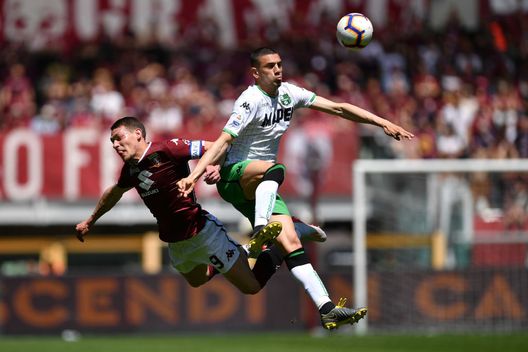 TURIN, ITALY - MAY 12: Andrea Belotti (L) of Torino FC clashes with Merih Demiral of US Sassuolo during the Serie A match between Torino FC and US Sassuolo at Stadio Olimpico di Torino on May 12, 2019 in Turin, Italy. (Photo by Valerio Pennicino/Getty Images) TURIN, ITALY - MAY 12: Andrea Belotti (L) of Torino FC clashes with Merih Demiral of US Sassuolo during the Serie A match between Torino FC and US Sassuolo at Stadio Olimpico di Torino on May 12, 2019 in Turin, Italy. (Photo by Valerio Pennicino/Getty Images)