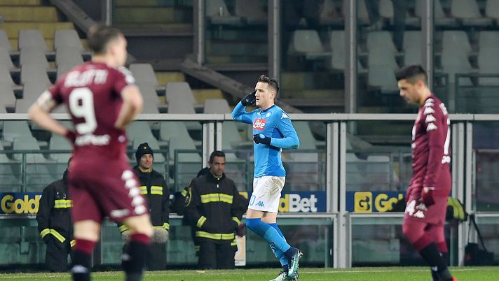 TURIN, ITALY - DECEMBER 16: Player of SSC Napoli Piotr Zielinski celebrates after scoring the 0-2 goal, beside the disappointment of Andrea Belotti and Iago Falque players of Torino FC during the Serie A match between Torino FC and SSC Napoli at Stadio Olimpico di Torino on December 16, 2017 in Turin, Italy. (Photo by Francesco Pecoraro/Getty Images) TURIN, ITALY - DECEMBER 16: Player of SSC Napoli Piotr Zielinski celebrates after scoring the 0-2 goal, beside the disappointment of Andrea Belotti and Iago Falque players of Torino FC during the Serie A match between Torino FC and SSC Napoli at Stadio Olimpico di Torino on December 16, 2017 in Turin, Italy. (Photo by Francesco Pecoraro/Getty Images)