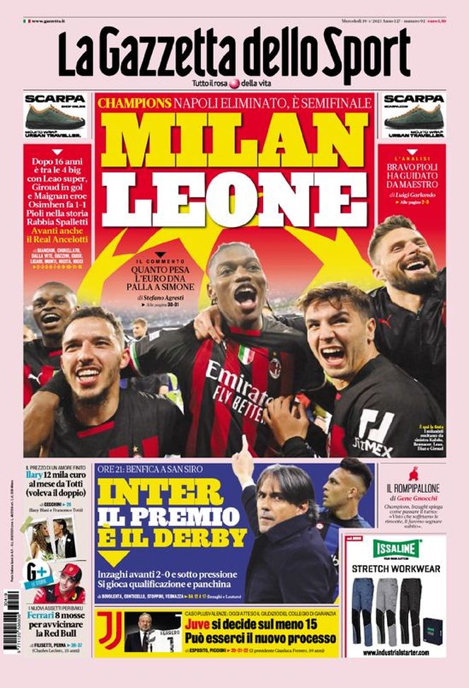 Prima pagina Gazzetta dello Sport 19/04/2023