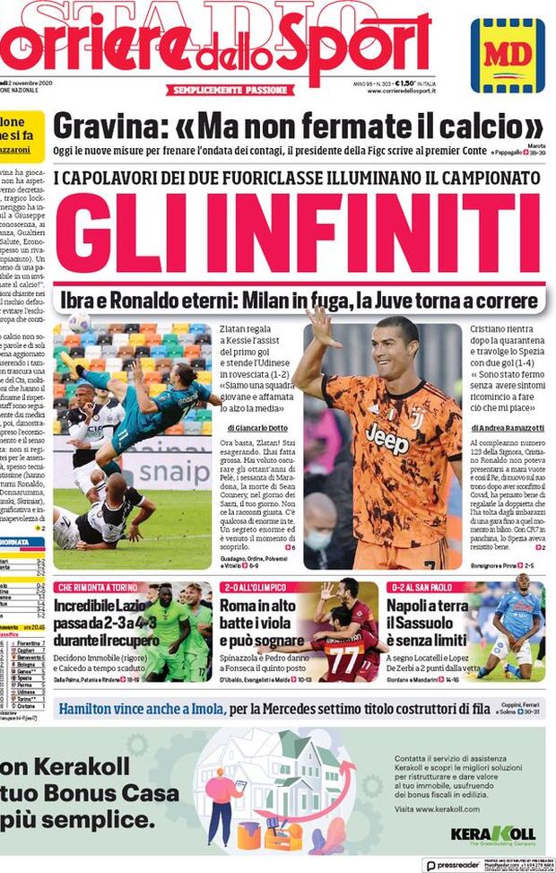 Corriere dello Sport, la prima pagina di oggi, lunedì 2 novembre 2020 Corriere dello Sport, la prima pagina di oggi, lunedì 2 novembre 2020
