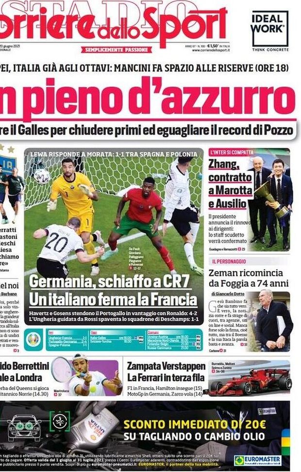 Prima Pagina, Corriere dello Sport: “Un pieno d’azzurro” 