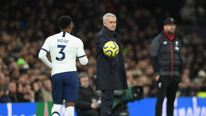 LONDON, ENGLAND - JANUARY 11: Jose Mourinho, Manager of Tottenham Hotspur throws the ball to Danny Rose of Tottenham Hotspur during the Premier League match between Tottenham Hotspur and Liverpool FC at Tottenham Hotspur Stadium on January 11, 2020 in London, United Kingdom. (Photo by Shaun Botterill/Getty Images) LONDON, ENGLAND - JANUARY 11: Jose Mourinho, Manager of Tottenham Hotspur throws the ball to Danny Rose of Tottenham Hotspur during the Premier League match between Tottenham Hotspur and Liverpool FC at Tottenham Hotspur Stadium on January 11, 2020 in London, United Kingdom. (Photo by Shaun Botterill/Getty Images)