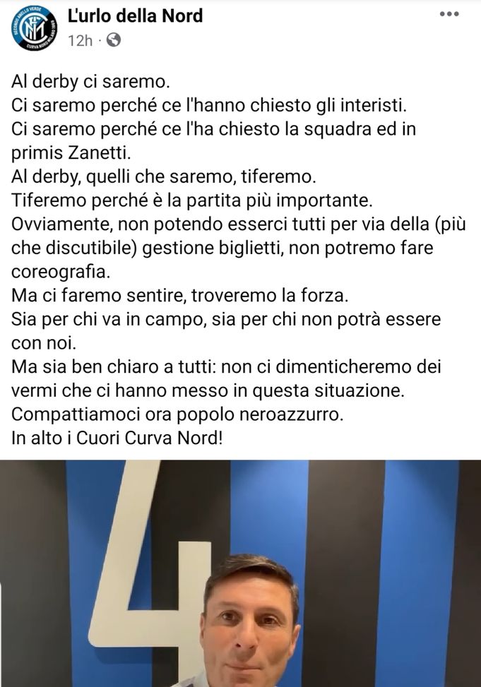 Un dietrofront targato Zanetti, curva Inter: “Al derby ci saremo, ma non dimentichiamo…”- immagine 2