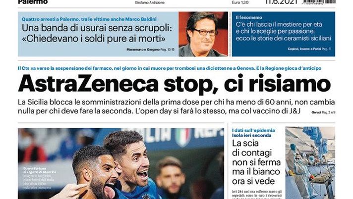 Prima Pagina, Giornale di Sicilia: &#8220;AstraZeneca stop. Azzurri regalateci un sorriso&#8221; 