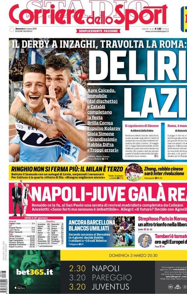Prima Pagina, Corriere dello Sport: “Delirio Lazio. Ringhio non si ferma più. Napoli-Juve galà Real…” Prima Pagina, Corriere dello Sport: “Delirio Lazio. Ringhio non si ferma più. Napoli-Juve galà Real…”