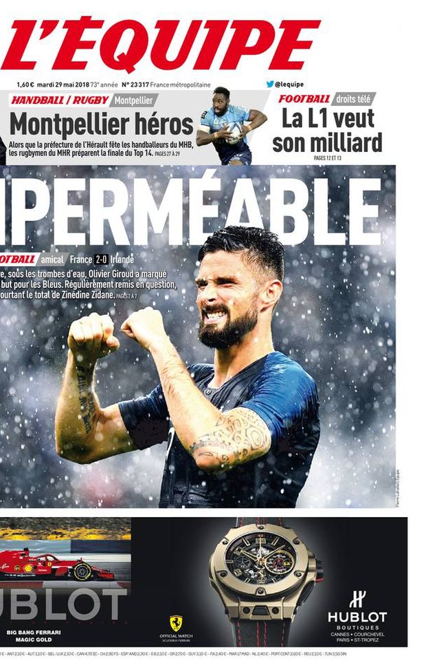 Prima Pagina, L’Équipe: “Impermeabile. Oliver Giroud segna il trentunesimo gol con la Francia, raggiunto Zidane…” Prima Pagina, L’Équipe: “Impermeabile. Oliver Giroud segna il trentunesimo gol con la Francia, raggiunto Zidane…”