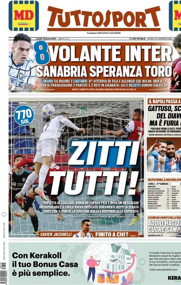 Prima Pagina, Tuttosport: “Zitti tutti, tripletta al Cagliari eRonaldo supera Pelè. 8 volante Inter” Prima Pagina, Tuttosport: “Zitti tutti, tripletta al Cagliari eRonaldo supera Pelè. 8 volante Inter”