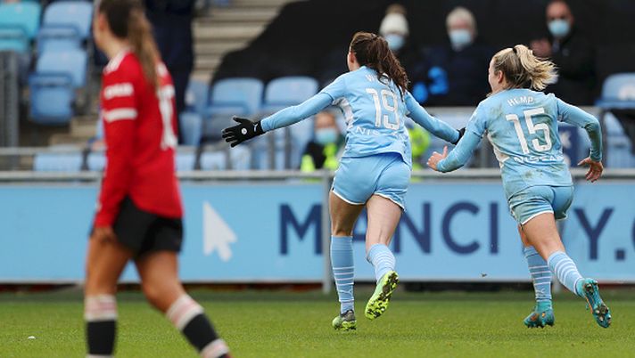 MANCHESTER, ENGLAND - FEBRUARY 13: Caroline Weir of Manchester City celebrates after scoring her sides first goal during the Barclays FA Women's Super League match between Manchester City Women and Manchester United Women at The Academy Stadium on February 13, 2022 in Manchester, England. (Photo by Cameron Smith/Getty Images) MANCHESTER, ENGLAND - FEBRUARY 13: Caroline Weir of Manchester City celebrates after scoring her sides first goal during the Barclays FA Women's Super League match between Manchester City Women and Manchester United Women at The Academy Stadium on February 13, 2022 in Manchester, England. (Photo by Cameron Smith/Getty Images)