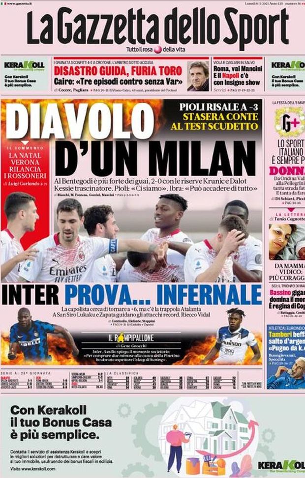 Prima Pagina, La Gazzetta dello Sport: “Diavolo d’un Milan, Pioli risale a -3. Inter, prova infernale” 