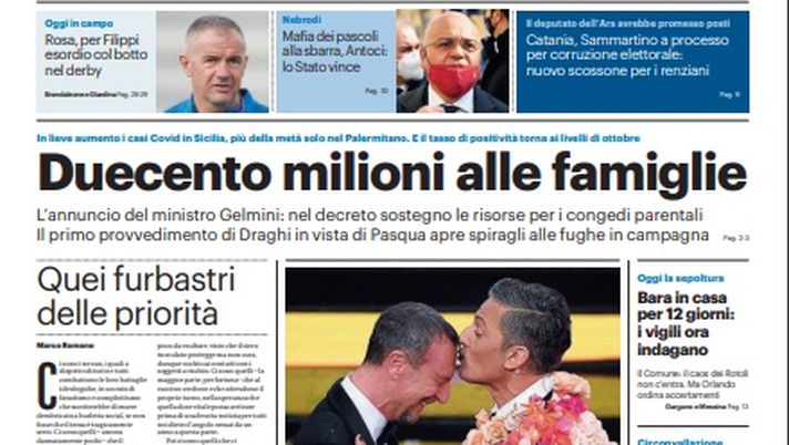 Prima Pagina, Giornale di Sicilia: “Duecento milioni alle famiglie. Rosa, per Filippi esordio col botto nel derby” 