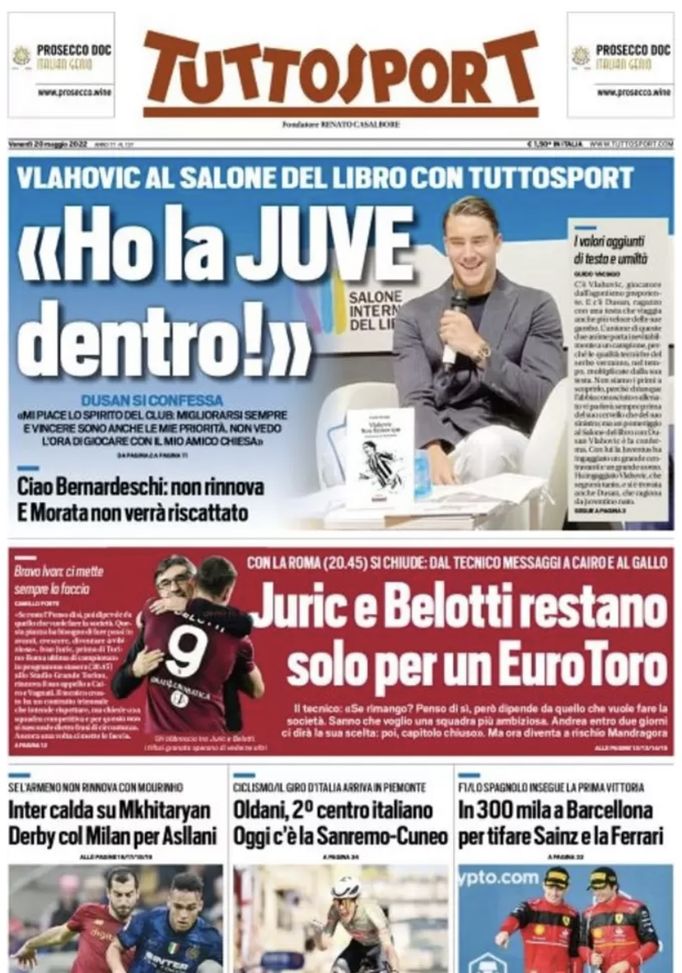 Prima Pagina, Tuttosport: “Ho la Juve dentro. Inter calda su Mkhitaryan“  Prima Pagina, Tuttosport: “Ho la Juve dentro. Inter calda su Mkhitaryan“ - immagine 1
