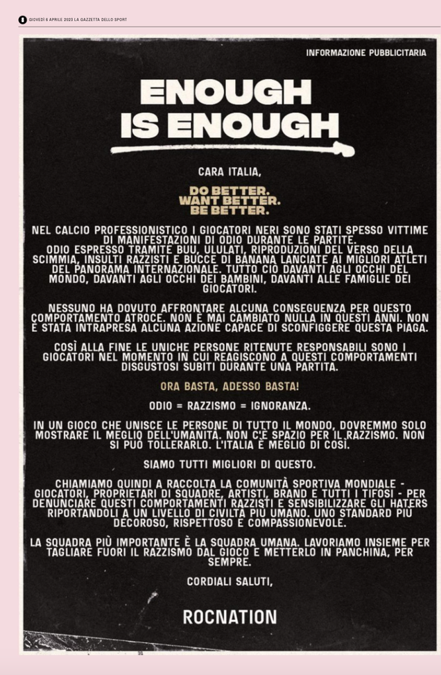 RocNation si fa sentire, una pagina di Gazzetta contro il razzismo: “Adesso basta”- immagine 3