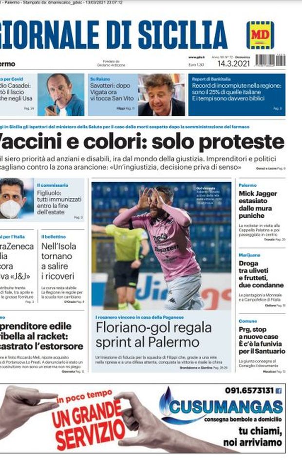 Prima Pagina, Giornale di Sicilia: “Vaccini e colori: solo proteste. Floriano-gol regala sprint al Palermo” Prima Pagina, Giornale di Sicilia: “Vaccini e colori: solo proteste. Floriano-gol regala sprint al Palermo”