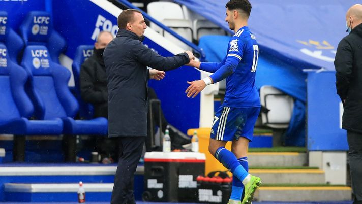 LEICESTER, ENGLAND - MARCH 14: Ayoze Perez of Leicester City interacts with Brendan Rodgers, Manager of Leicester City as he is substituted during the Premier League match between Leicester City and Sheffield United at The King Power Stadium on March 14, 2021 in Leicester, England. Sporting stadiums around the UK remain under strict restrictions due to the Coronavirus Pandemic as Government social distancing laws prohibit fans inside venues resulting in games being played behind closed doors. (Photo by Lindsey Parnaby - Pool/Getty Images) LEICESTER, ENGLAND - MARCH 14: Ayoze Perez of Leicester City interacts with Brendan Rodgers, Manager of Leicester City as he is substituted during the Premier League match between Leicester City and Sheffield United at The King Power Stadium on March 14, 2021 in Leicester, England. Sporting stadiums around the UK remain under strict restrictions due to the Coronavirus Pandemic as Government social distancing laws prohibit fans inside venues resulting in games being played behind closed doors. (Photo by Lindsey Parnaby - Pool/Getty Images)